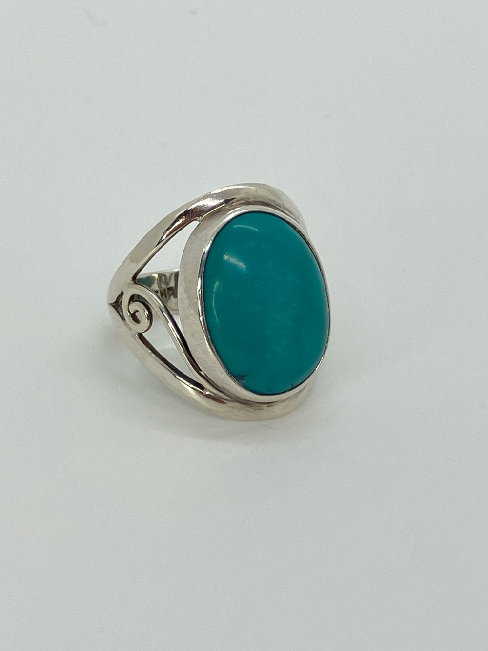 Vtg FNA 925 Large Turquoise Cabochon Vine Scroll Sterling Silver Ring Sz 8